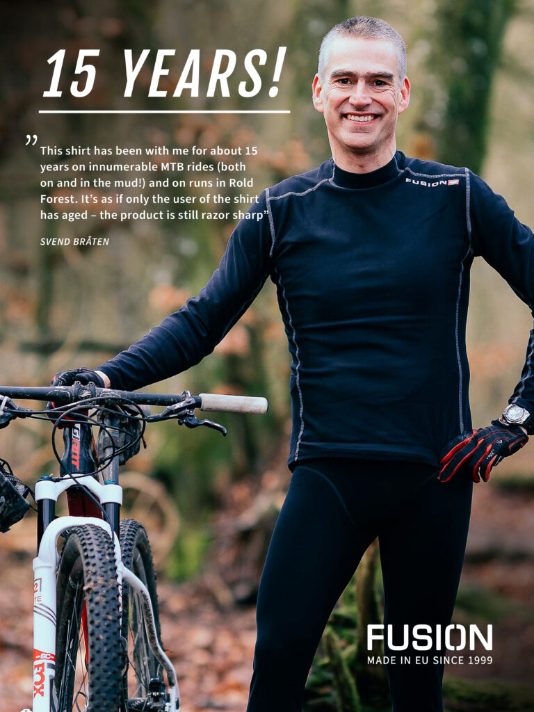 AD from FUSION, man standing next to bike wearing FUSION sportswear