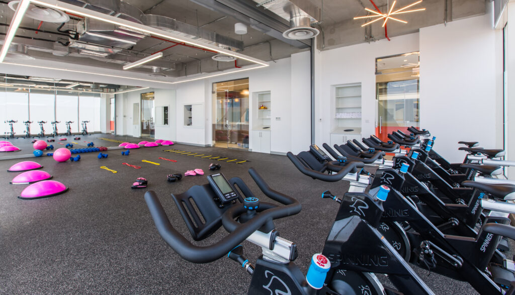 Fitness space with indoor cycling bikes and fitness remedies